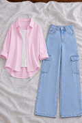 Baby Pink Stripe Button-Down Shirt With White Tank Top & Sky Blue High-Waisted Cargo Denim Jeans