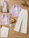 Lilac Button-Down Shirt With White Crop Tank Top & White Formal Cotton Pants