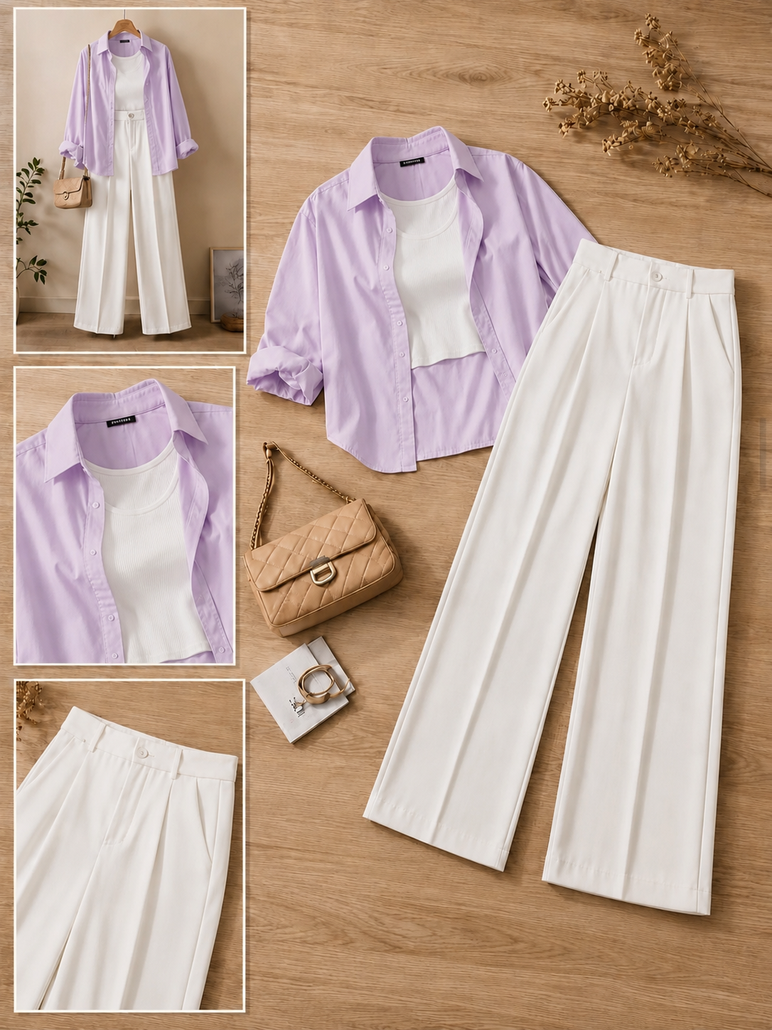 Lilac Button-Down Shirt With White Crop Tank Top & White Formal Cotton Pants