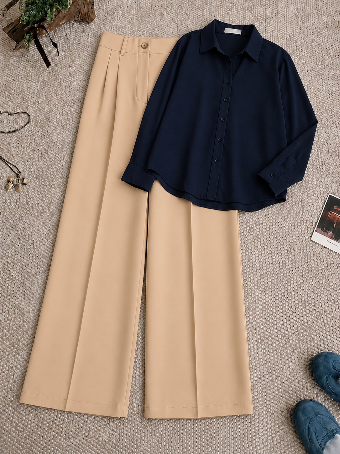 Navy Blue Button-Down Shirt with Beige Formal Pants