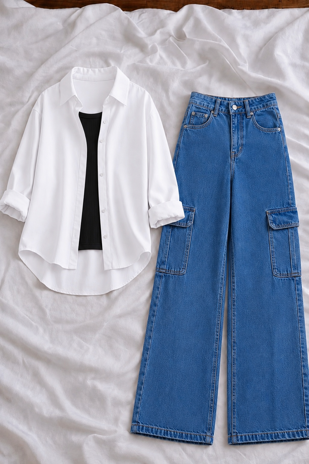 White Button-Down Shirt With Black Tank Top & Mid Blue High-Waisted Cargo Denim Jeans