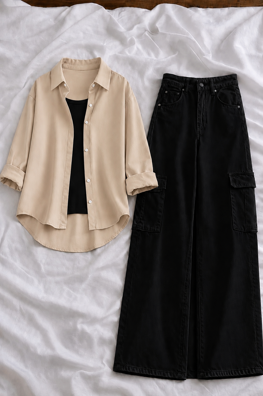 Beige Button-Down Shirt With Black Tank Top & Black High-Waisted Cargo Denim Jeans