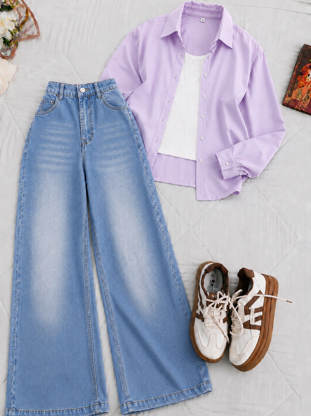 Lilac Button-Down Shirt With White Crop Tank Top Sky Blue Vintage Wide Leg Jeans