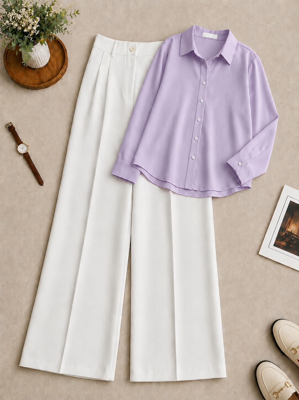Lilac Button-Down Shirt with White Formal Pants