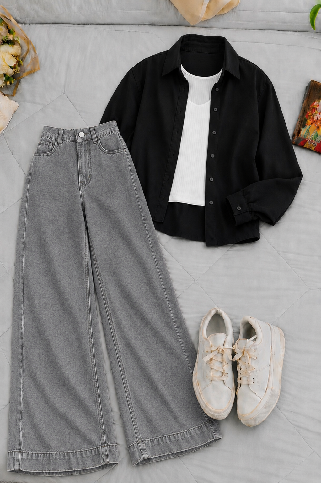 Black Button-Down Shirt With White Crop Tank Top & Grey High-Waisted Wide Leg Denim Jeans