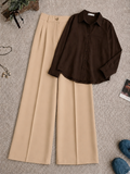 Dark Brown Button-Down Shirt with Beige Formal Pants