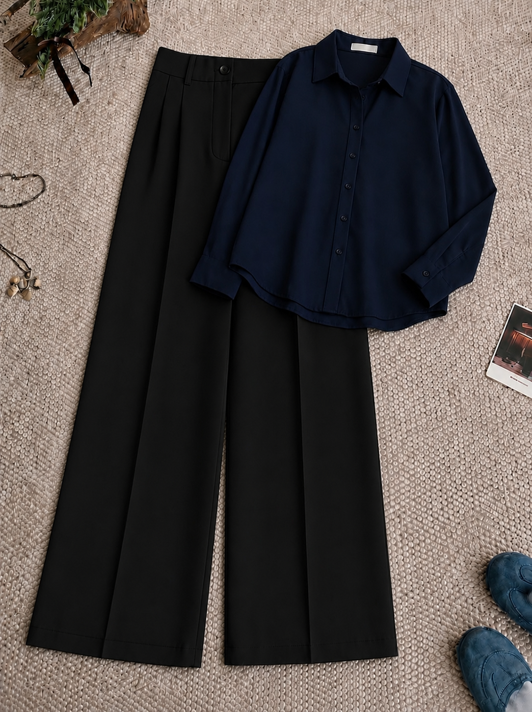 Navy Blue Button-Down Shirt with Black Formal Pants