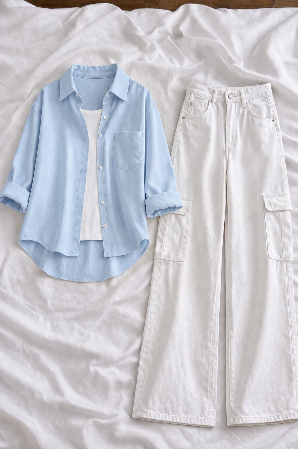 Sky Blue Button-Down Shirt With White Tank Top & White High-Waisted Cargo Denim Jeans