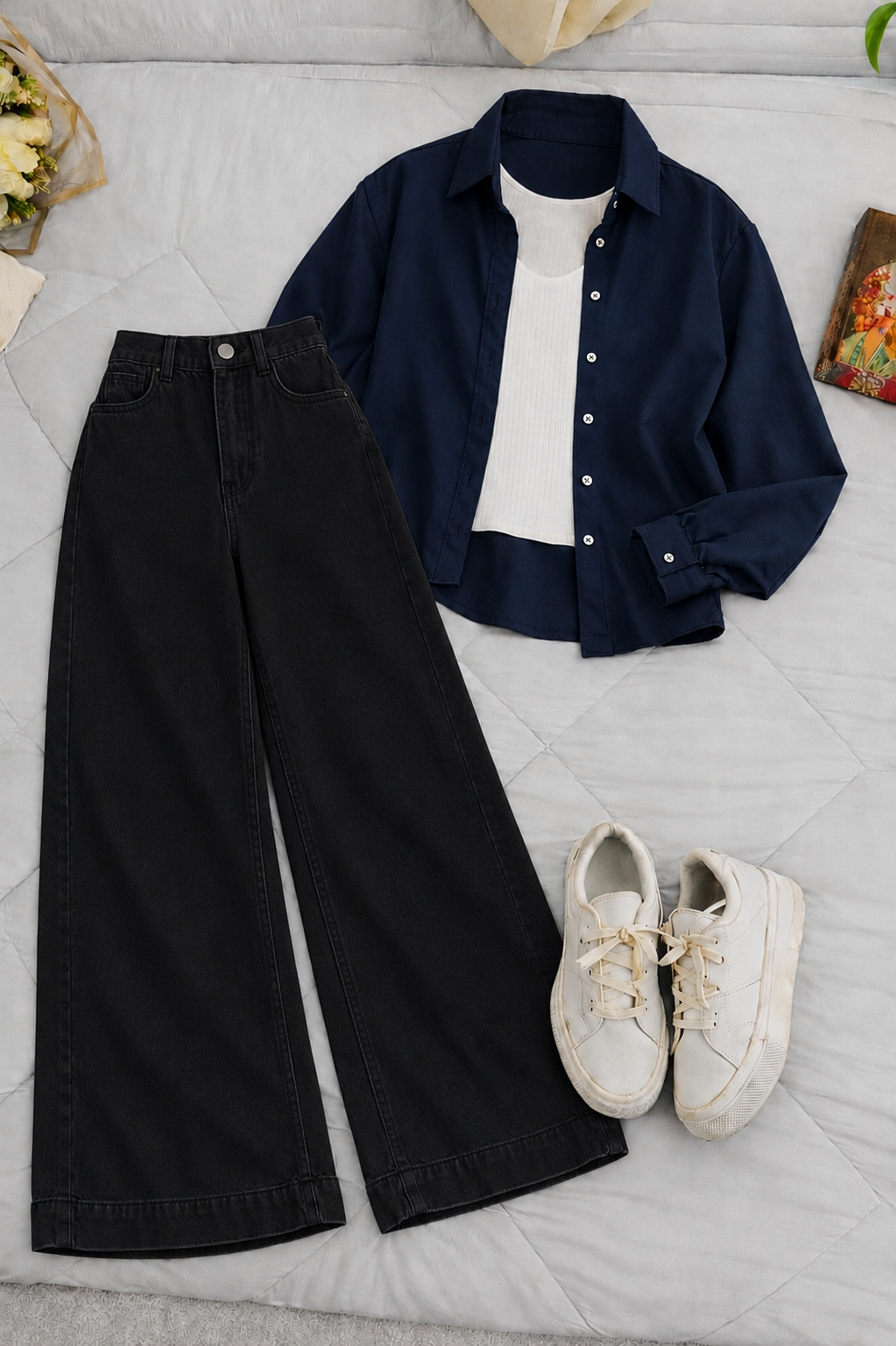 Navy Blue Button-Down Shirt With White Crop Tank Top & Black High-Waisted Wide Leg Denim Jeans