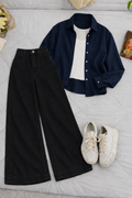 Navy Blue Button-Down Shirt With White Crop Tank Top & Black High-Waisted Wide Leg Denim Jeans