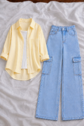 Pale Yellow Stripe Button-Down Shirt With White Tank Top & Sky Blue High-Waisted Cargo Denim Jeans
