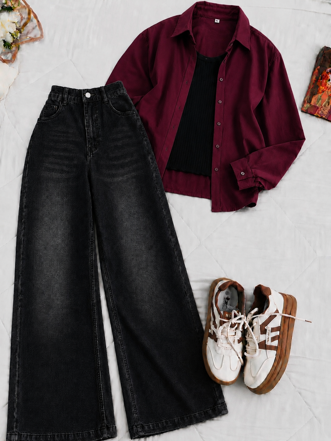 Burgundy Button-Down Shirt With Black Crop Tank Top & Black Vintage Wide Leg  Jeans