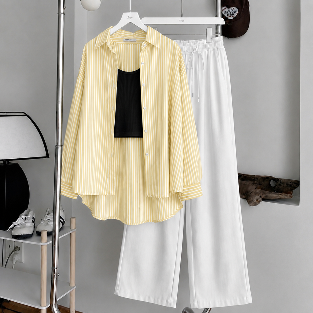 Yellow Lining Button-Down Shirt With Black Ribbed Knit Tank Top & White Flapper Trouser
