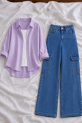 Lilac Button-Down Shirt With White Tank Top & Mid Blue High-Waisted Cargo Denim Jeans