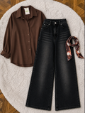 Chocolate Brown Button-Down Shirt & Black Vintage Washed Wide Leg Jeans