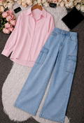 Baby Pink Button-Down Shirt & Sky Blue High-Waisted Cargo Denim Jeans