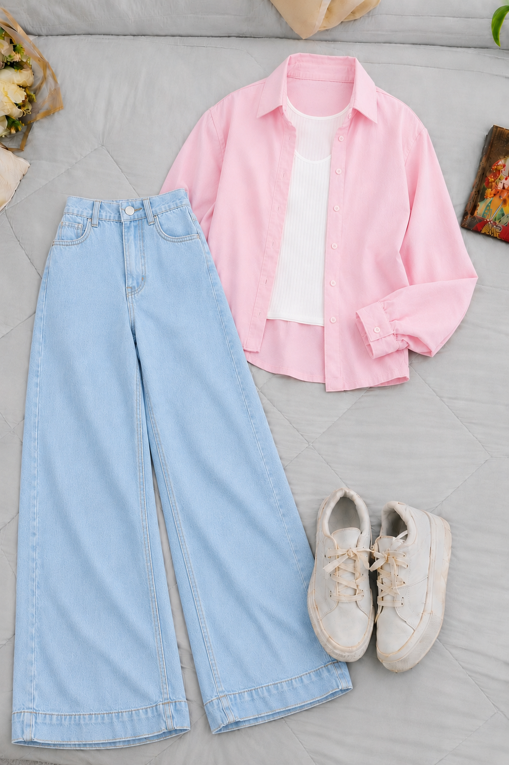 Baby Pink Button-Down Shirt With White Crop Tank Top & Sky Blue High-Waisted Wide Leg Denim Jeans