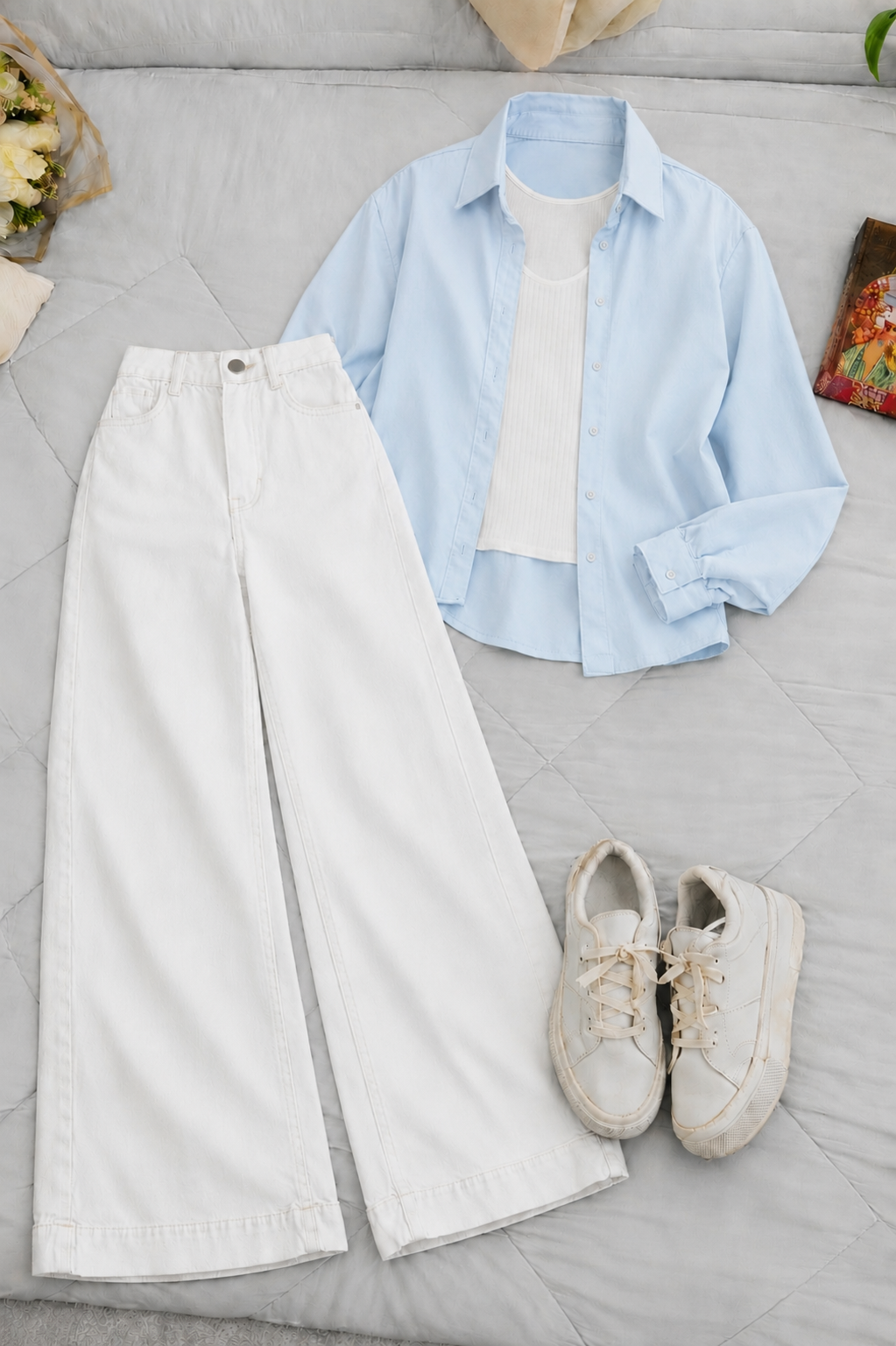 Baby Blue Button-Down Shirt With White Crop Tank Top & White High-Waisted Wide Leg Denim Jeans