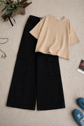 Beige Oversized Tee & Black High-Waisted Cargo Denim Jeans