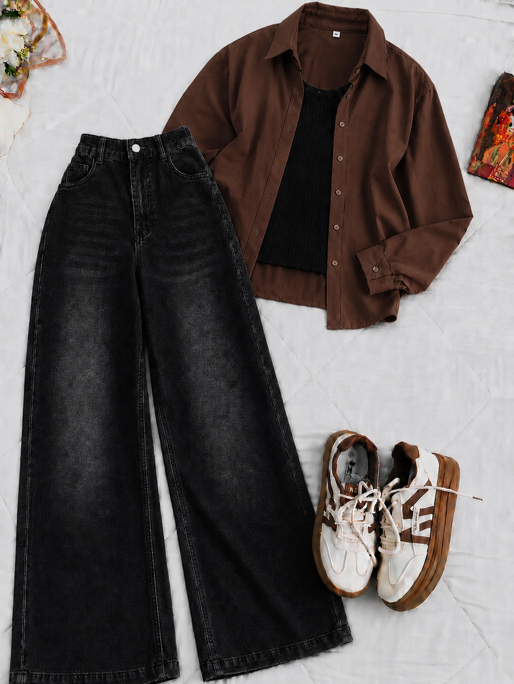 Chocolate Brown Button-Down Shirt With Black Crop Tank Top & Black Vintage Wide Leg  Jeans