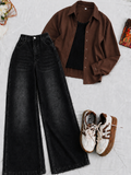 Chocolate Brown Button-Down Shirt With Black Crop Tank Top & Black Vintage Wide Leg  Jeans