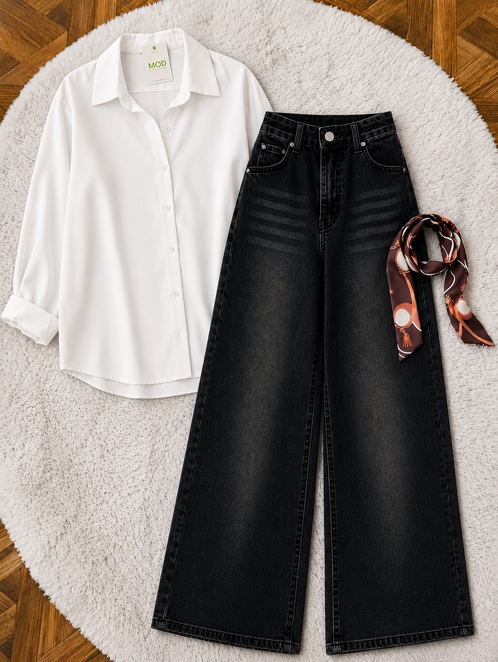 White Button-Down Shirt & Black Vintage Washed Wide Leg Jeans