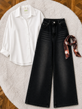 White Button-Down Shirt & Black Vintage Washed Wide Leg Jeans