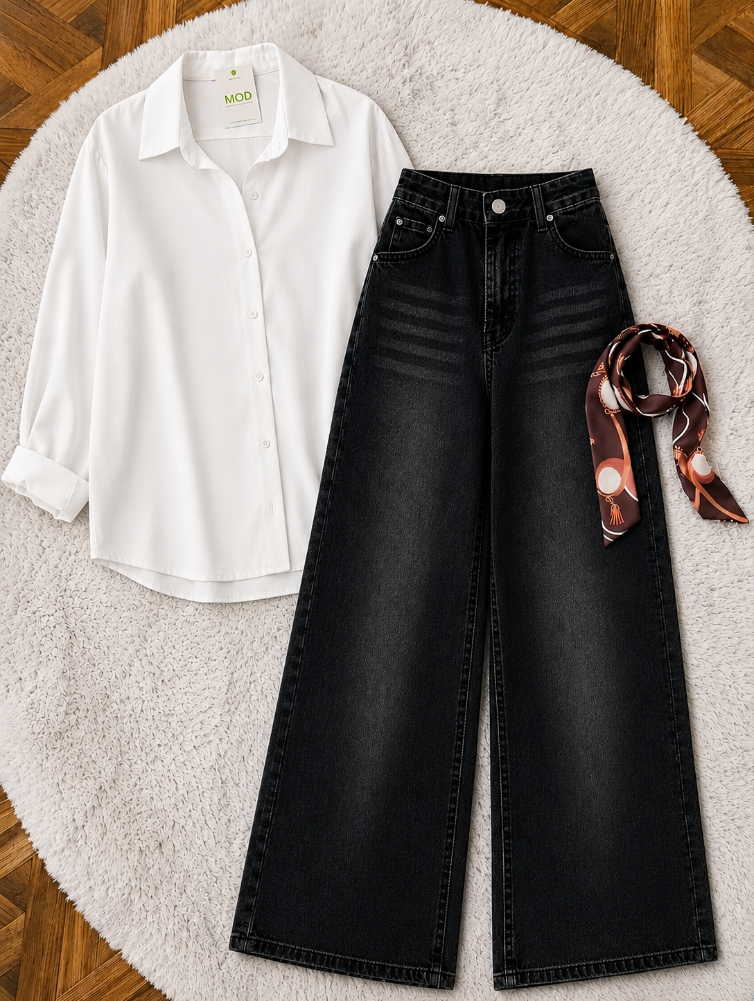 White Button-Down Shirt & Black Vintage Washed Wide Leg Jeans