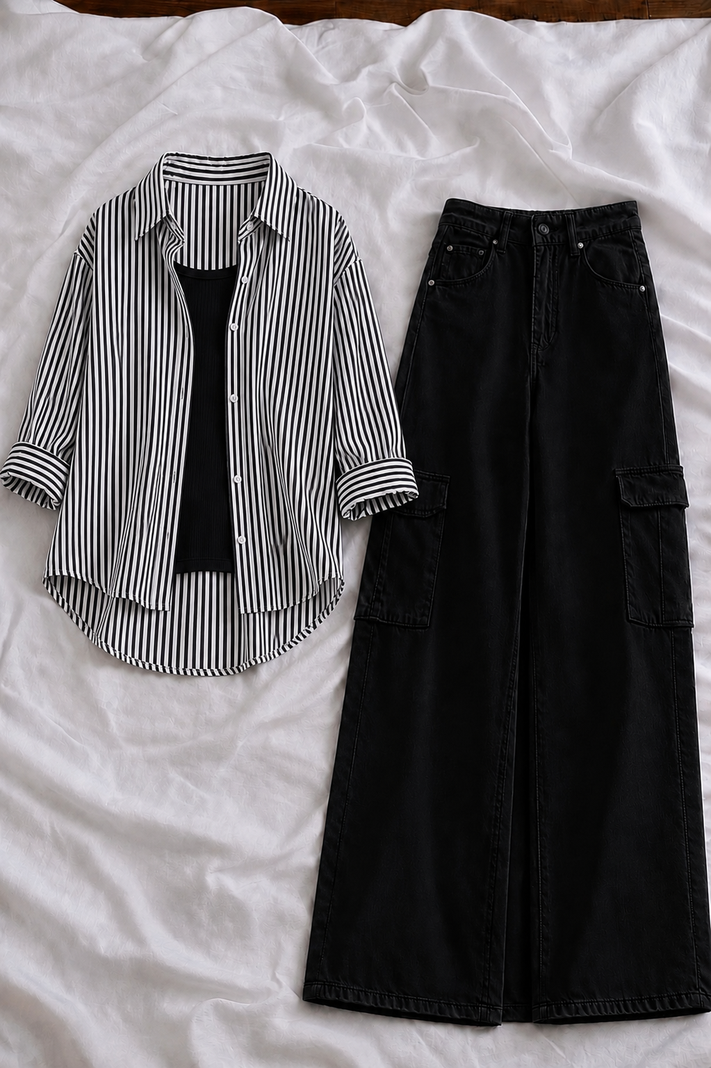 Grey Stripe Button-Down Shirt With Black Tank Top & Black High-Waisted Cargo Denim Jeans