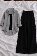 Grey Stripe Button-Down Shirt With Black Tank Top & Black High-Waisted Cargo Denim Jeans