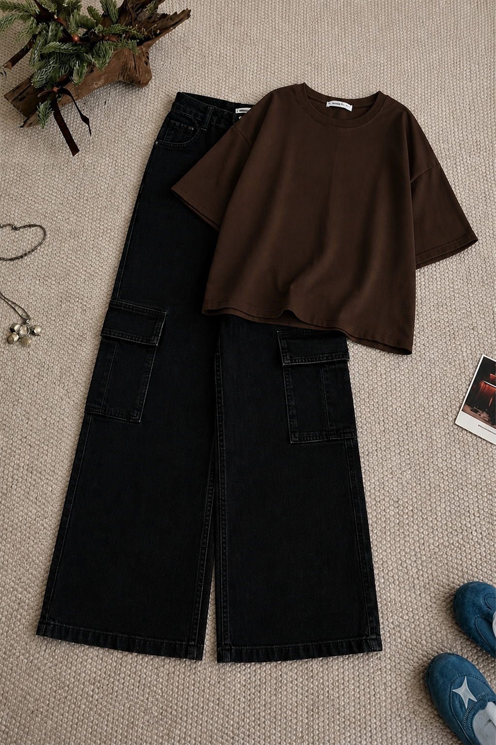 Dark Brown Oversized Tee & Black High-Waisted Cargo Denim Jeans