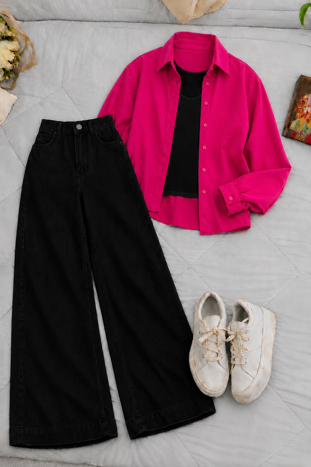 Pink Button-Down Shirt With Black Crop Tank Top & Black High-Waisted Wide Leg Denim Jeans