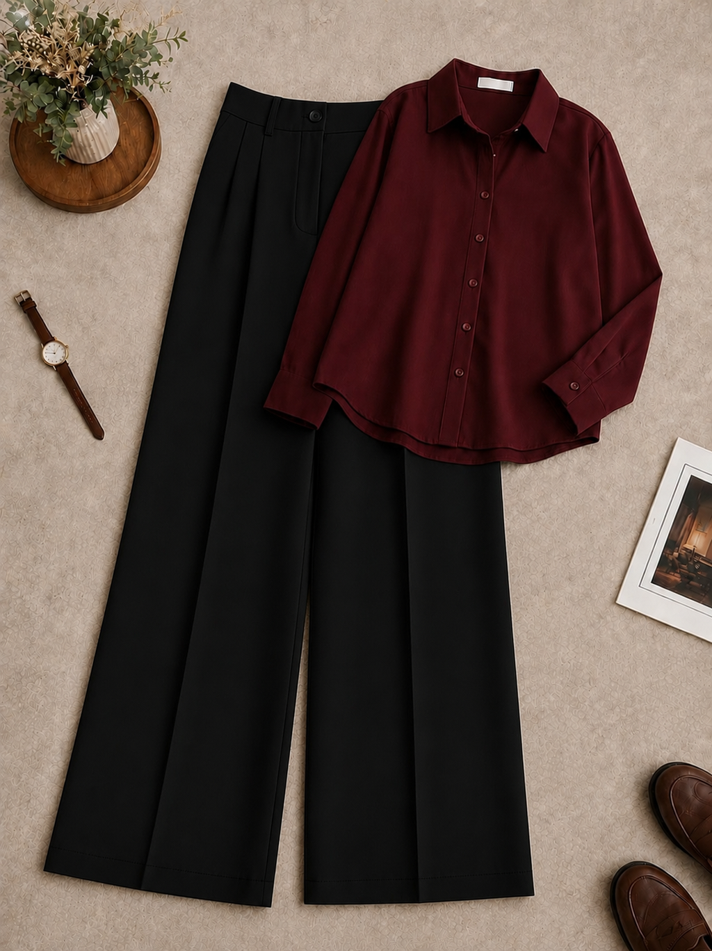Burgundy Button-Down Shirt with Black Formal Pants