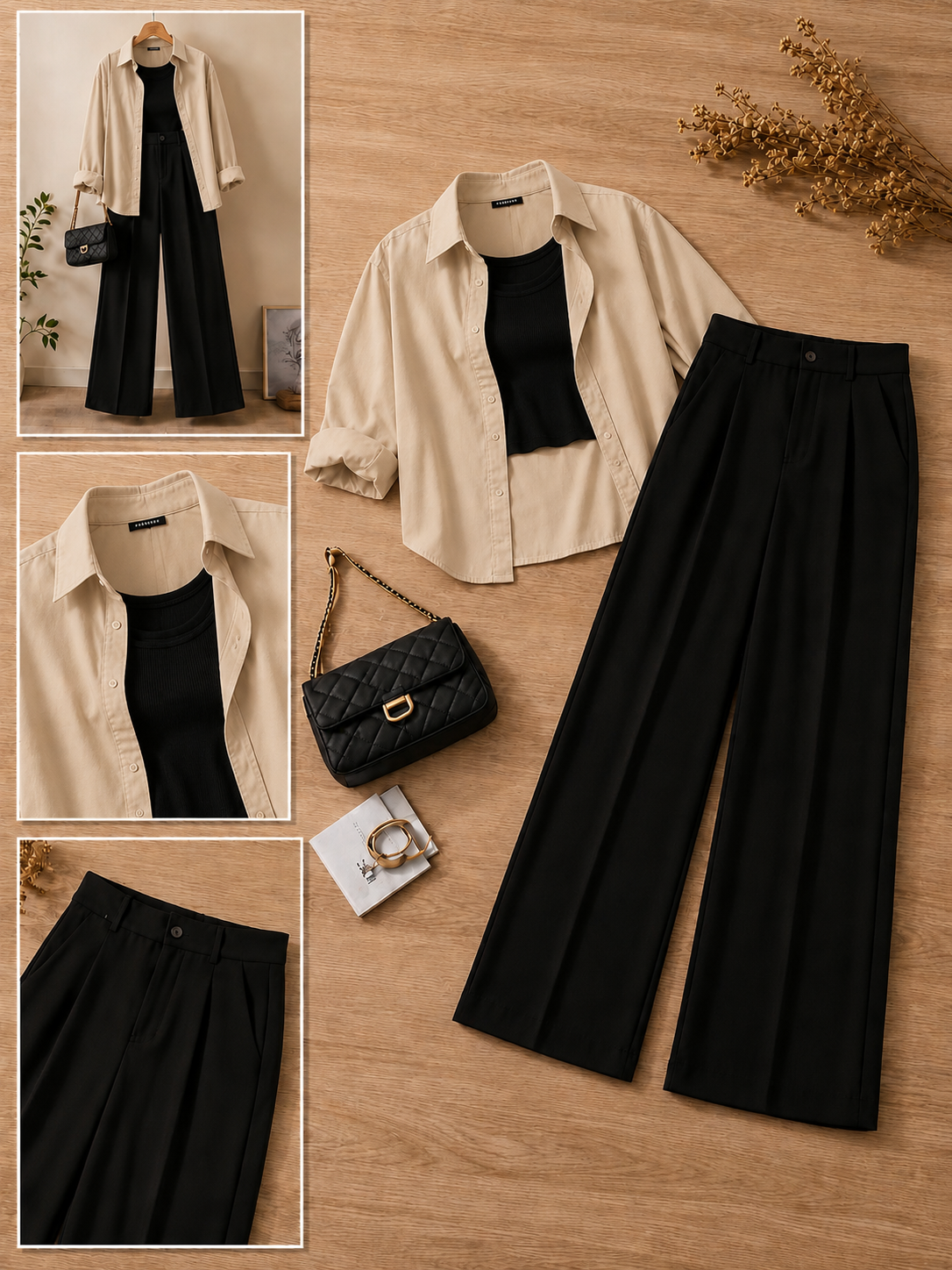 Beige Button-Down Shirt With Black Crop Tank Top & Black Formal Cotton Pants