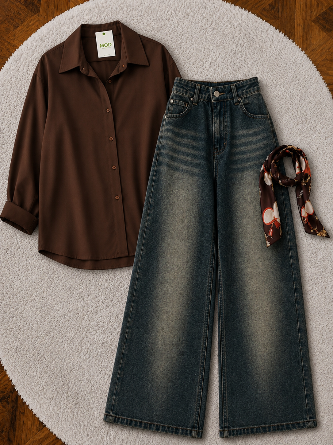 Chocolate Brown Button-Down Shirt & Charcoal Blue Vintage Washed Wide Leg Jeans