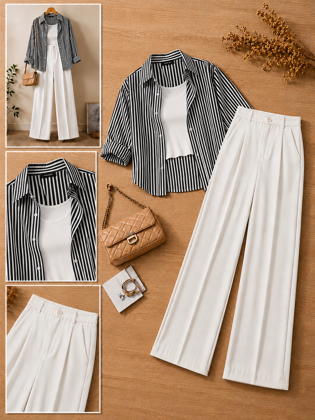 Grey Stripe Button Down Shirt With White Crop Tank Top & White Formal Cotton Pants