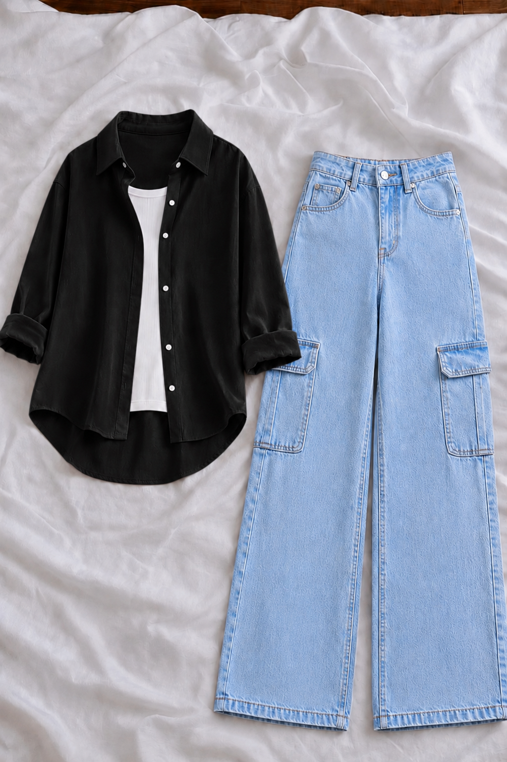 Black Button-Down Shirt With White Tank Top & Sky Blue High-Waisted Cargo Denim Jeans