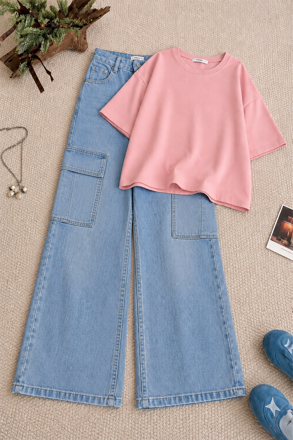 Baby Pink Oversized Tee & Mid Blue High-Waisted Cargo Denim Jeans