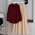 Burgundy Button-Down Shirt & Beige Summer Flowy Maxi Skirt