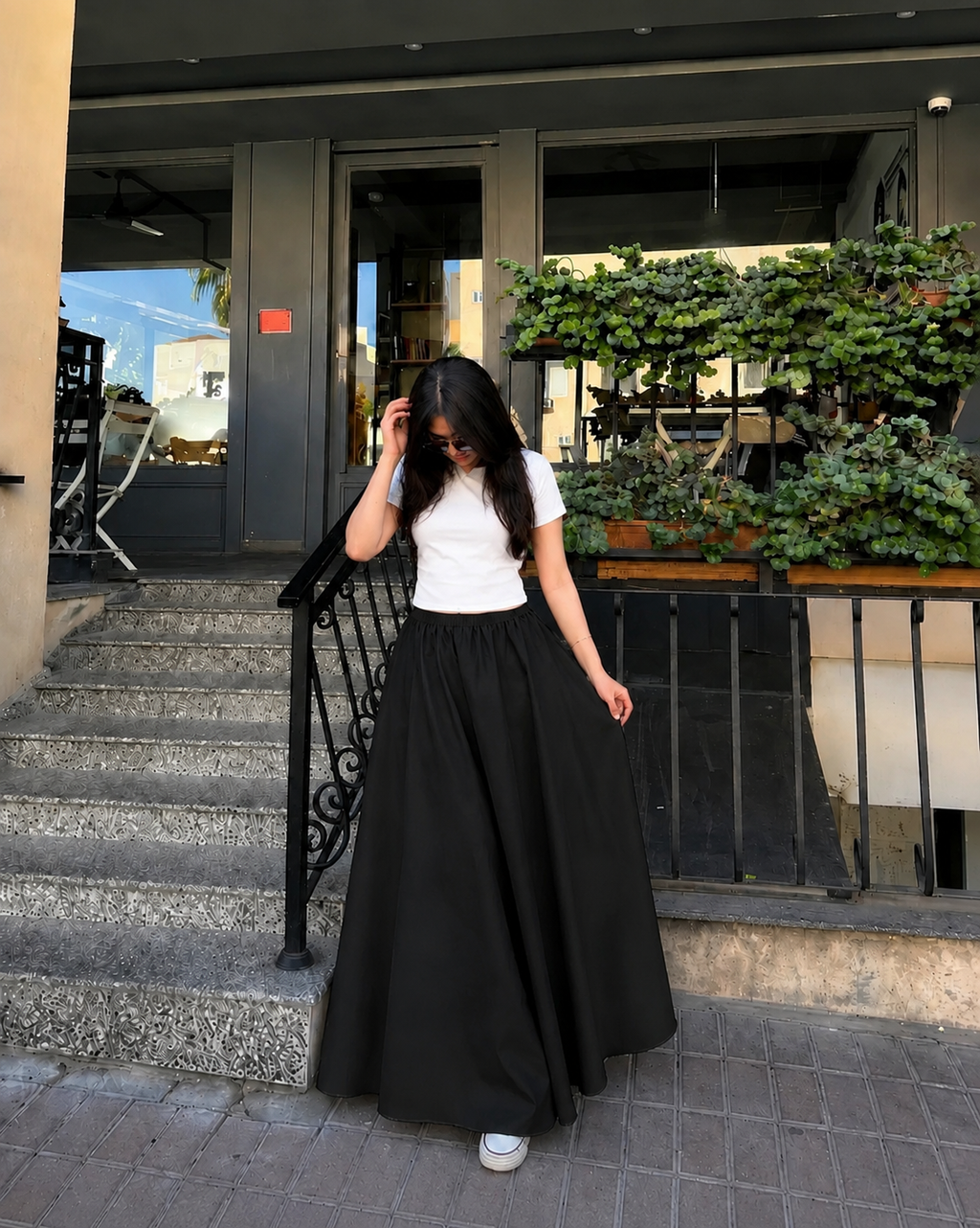 White Cropped Tee & Black Summer Flowy Maxi Skirt