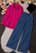 Pink Button-Down Shirt & Mid Blue High-Waisted Cargo Denim Jeans