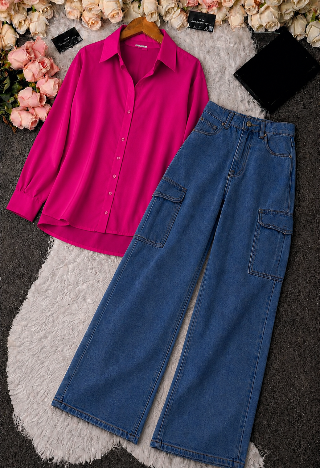 Pink Button-Down Shirt & Mid Blue High-Waisted Cargo Denim Jeans