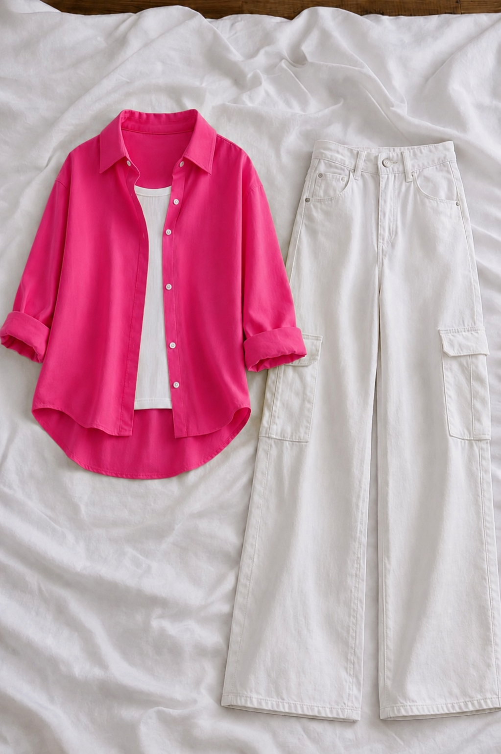 Pink Button-Down Shirt With White Tank Top & White High-Waisted Cargo Denim Jeans
