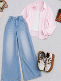 Baby Pink Stripe Button-Down Shirt With White Crop Tank Top Sky Blue Vintage Wide Leg Jeans