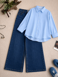 Sky Blue Button Down Shirt With Dark Blue Wide leg Jeans Set