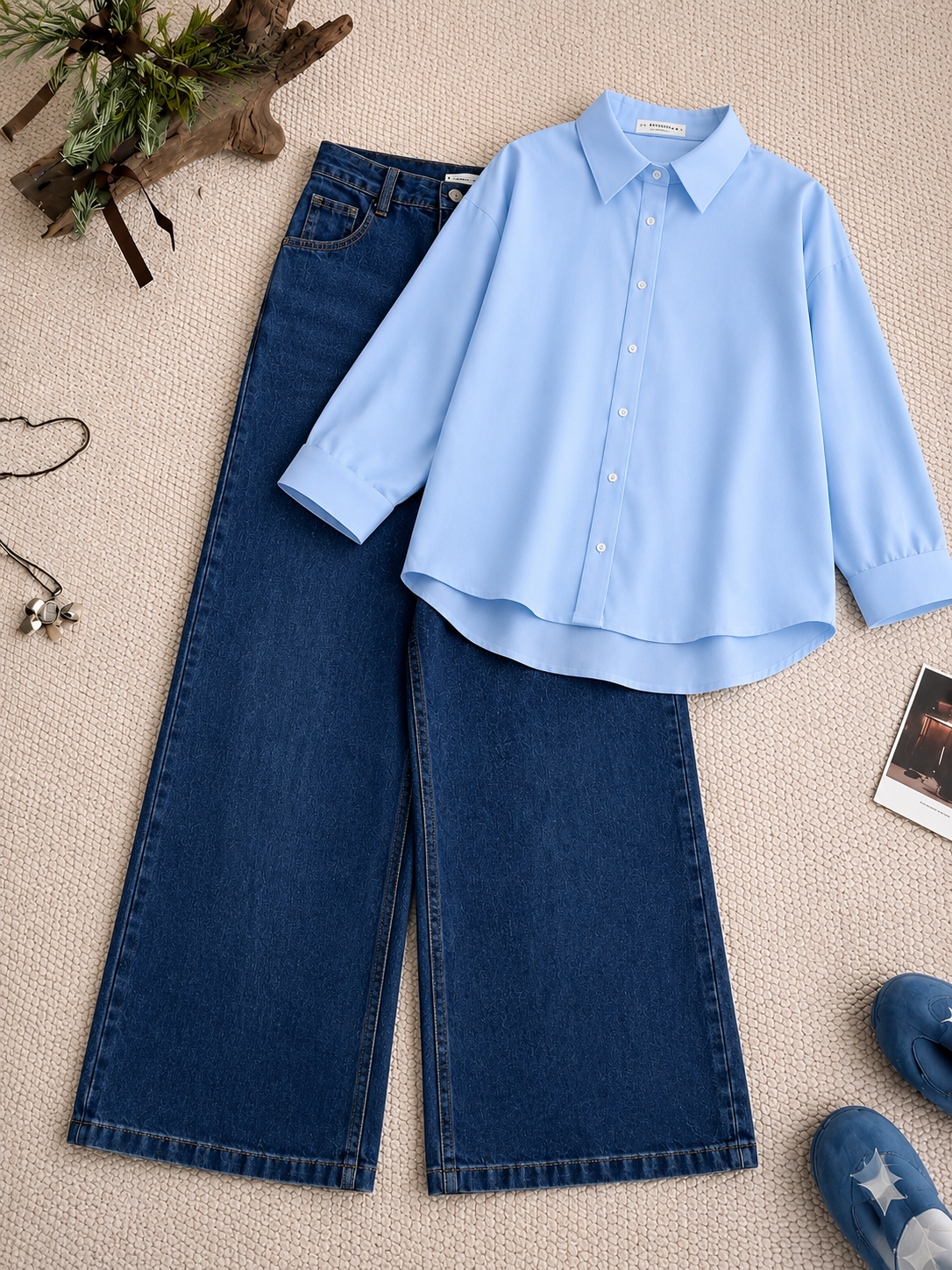 Sky Blue Button Down Shirt With Dark Blue Wide Leg Jeans Set