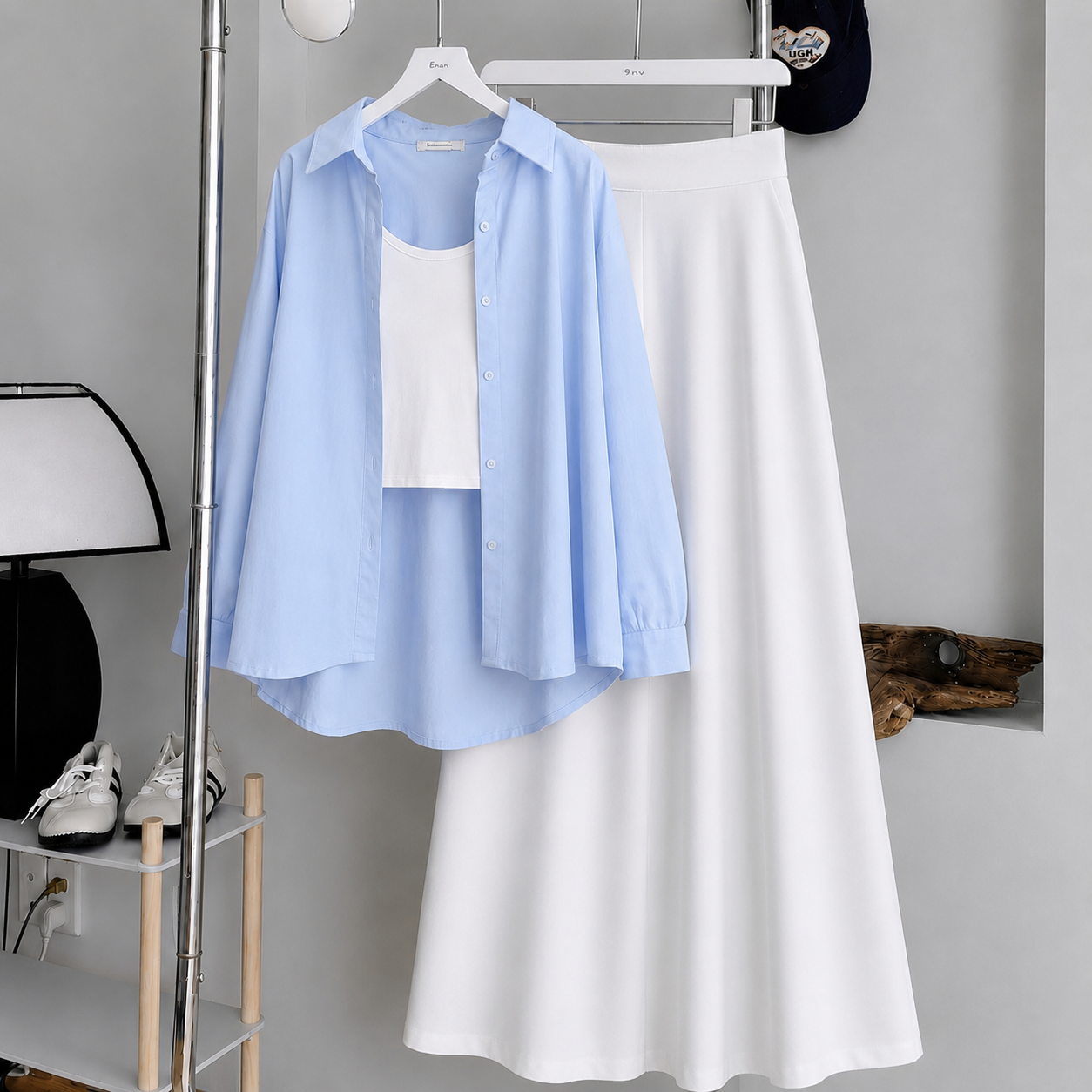 Baby Blue Button-Down Shirt With White Crop Tank Top & White Summer Flowy Maxi Skirt