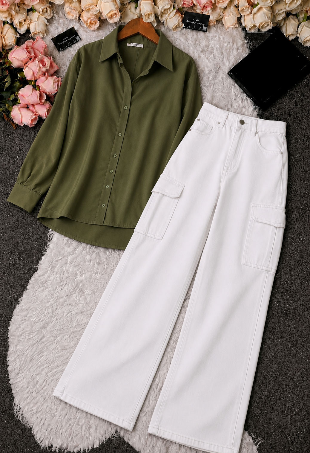 Olive Green Button-Down Shirt & White High-Waisted Cargo Denim Jeans