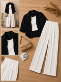 Black Button-Down Shirt With White Crop Tank Top & White Formal Cotton Pants