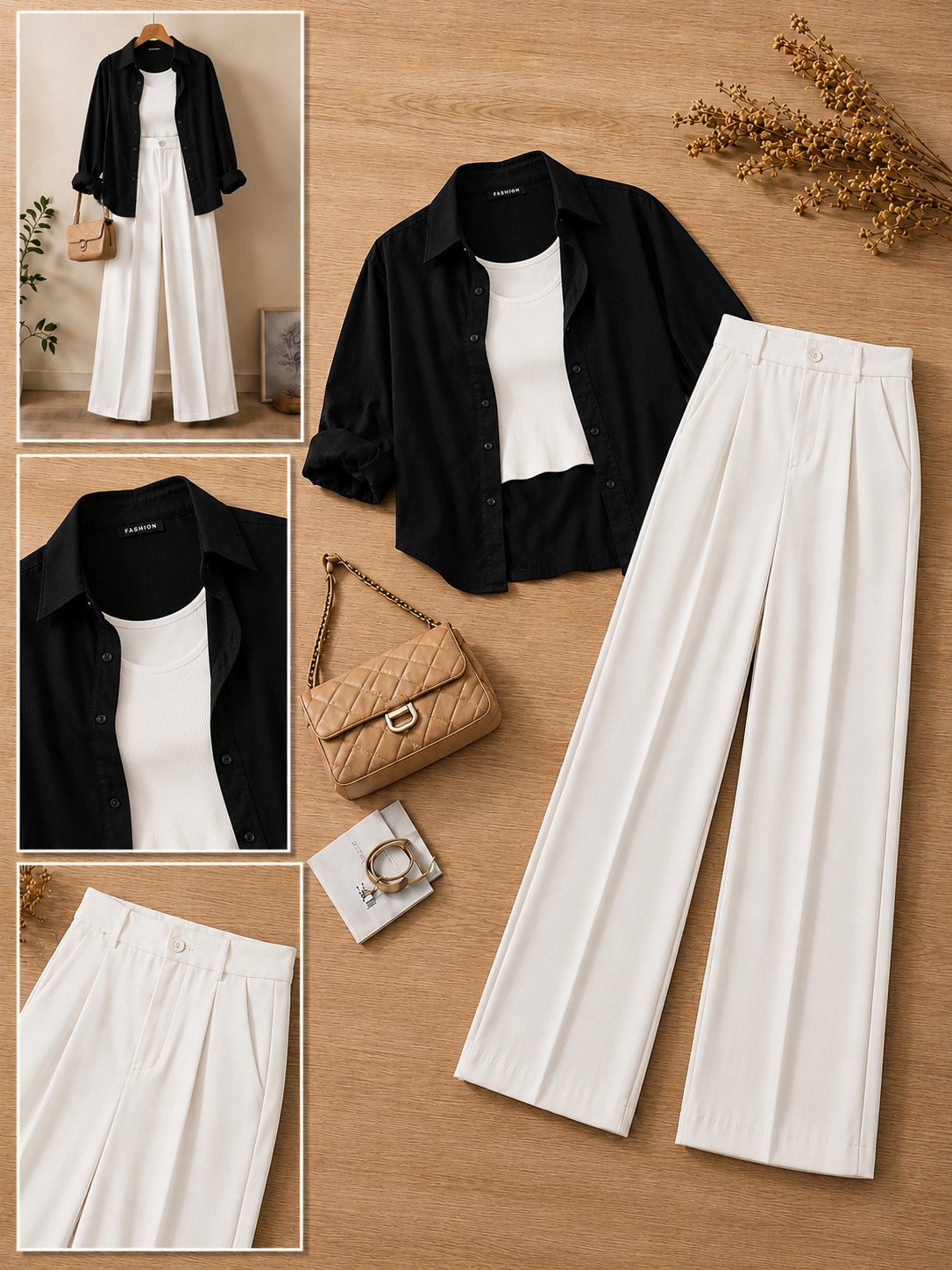 Black Button-Down Shirt With White Crop Tank Top & White Formal Cotton Pants